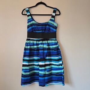 B. Smart Blue Teal Watercolor Brushstroke Striped Flare Wedding Guest Dress | 6